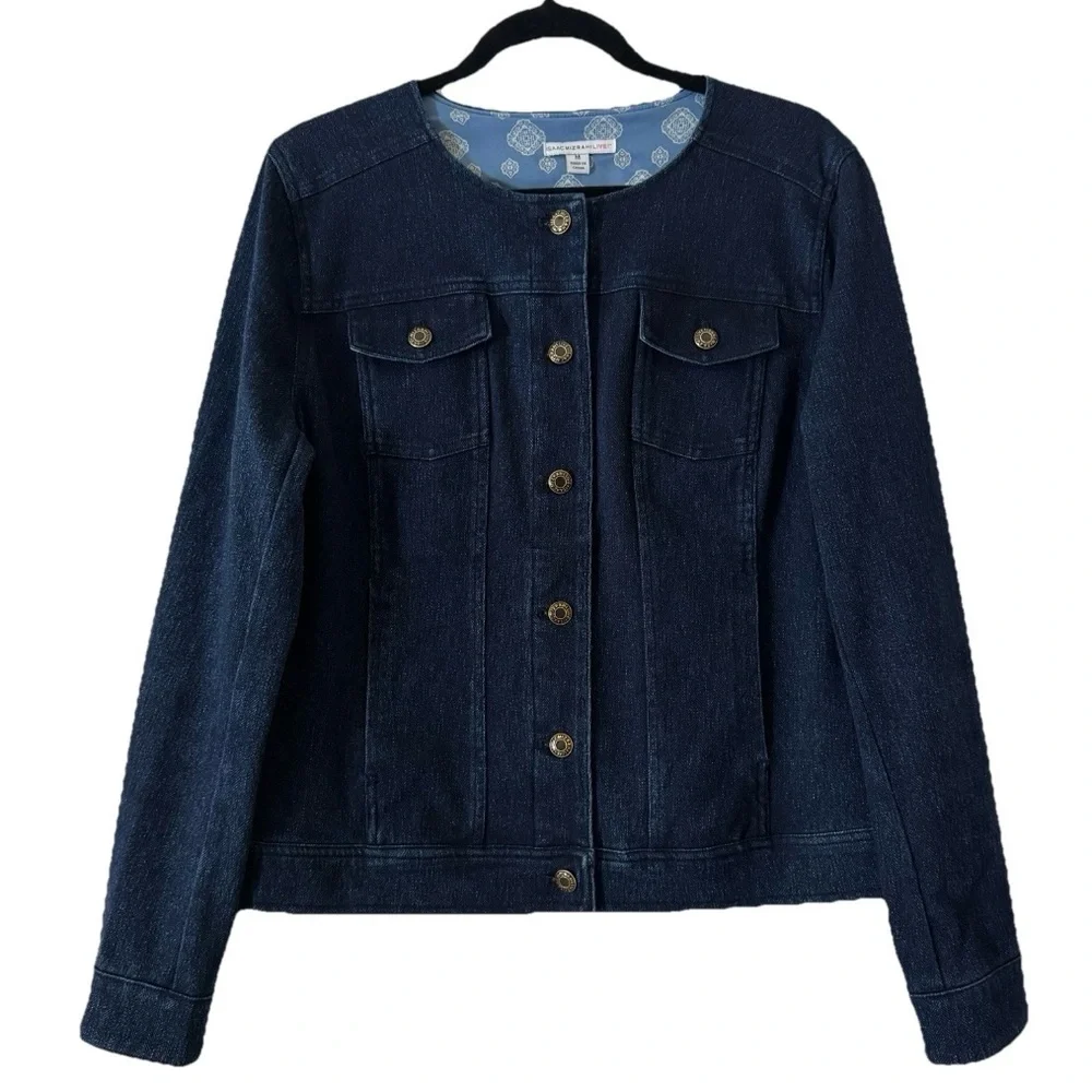 Isaac Mizrahi Denim Jacket M Blue Collarless Dark Wash Trucker Style